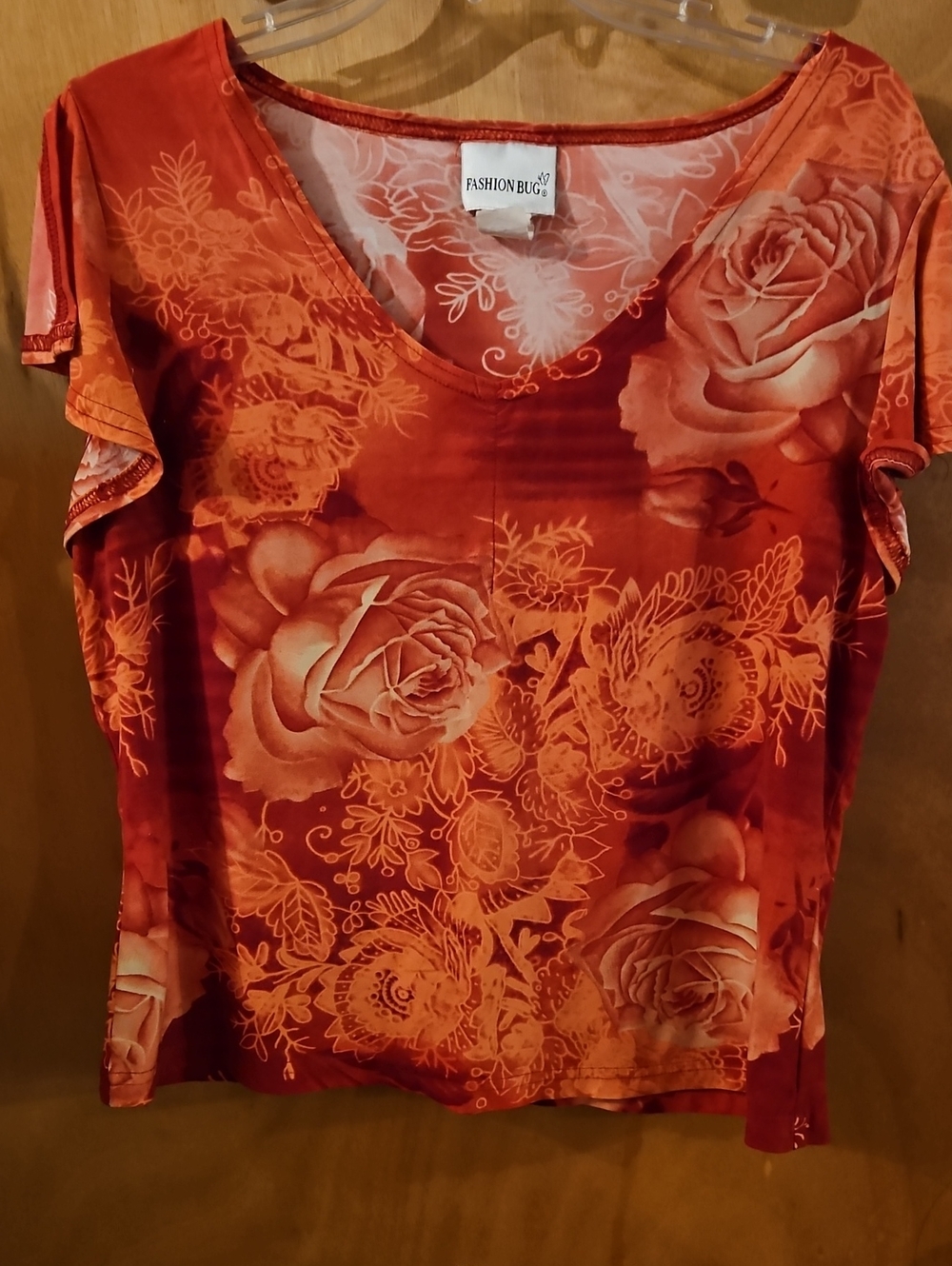 Fashion Bug Orange-Red Floral V-Neck Short Sleeve Top